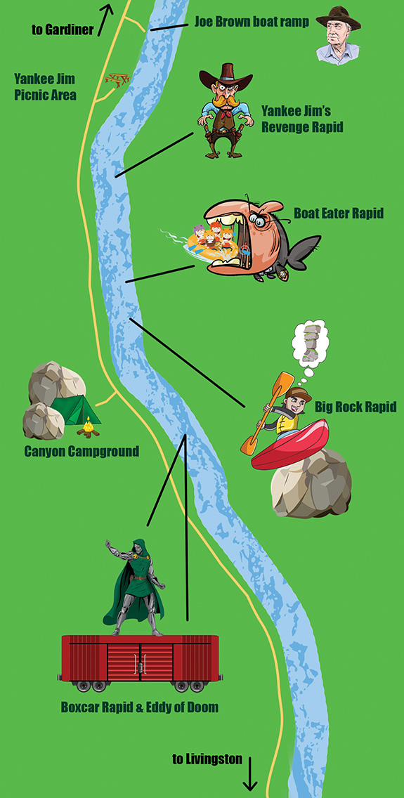Illustration by Shannon Egens Yankee Jim Rapids, Yankee Jim Canyon, Yellowstone River, Whitewater Kayaking, Montana