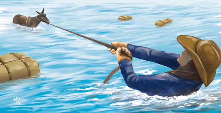 Illustration by Mike Russo Horsepacking, True Tales, River crossing