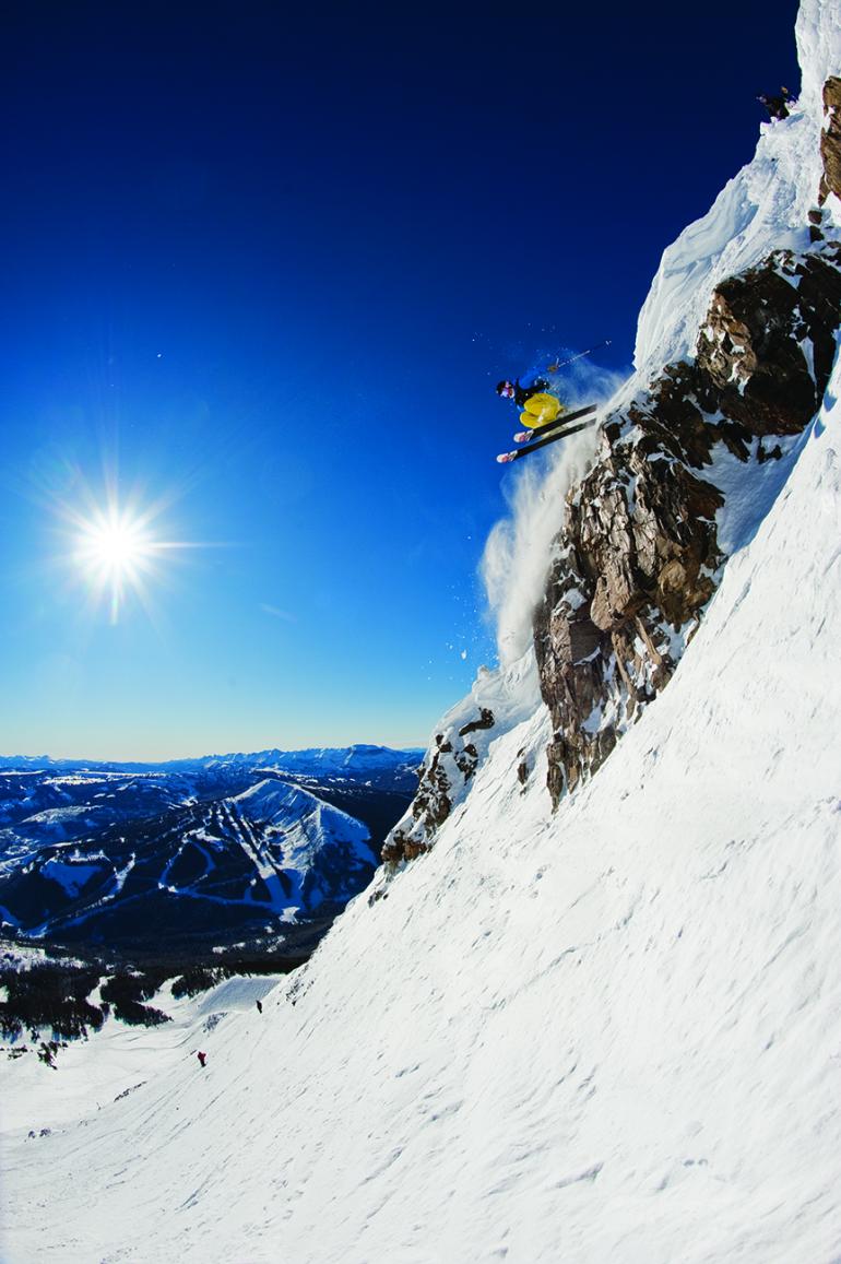 Cliff drop, Big Sky Resort, Montana skiing, ACL injury